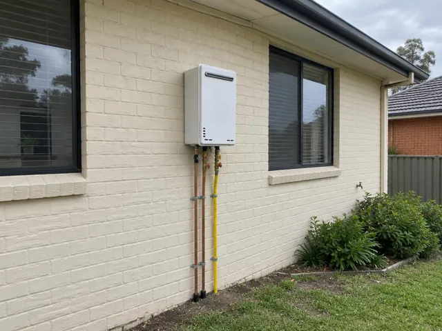 Wall-mounted hot water unit with copper pipework on a cream brick exterior in Raworth